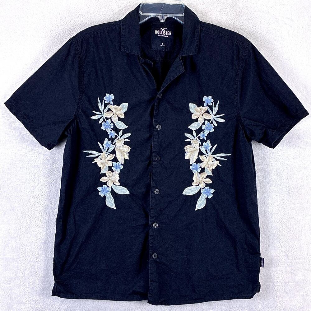 VTG Hollister Hawaiian Shirt Mens S Black Embroidered Flowers Beach Aloha Y2K